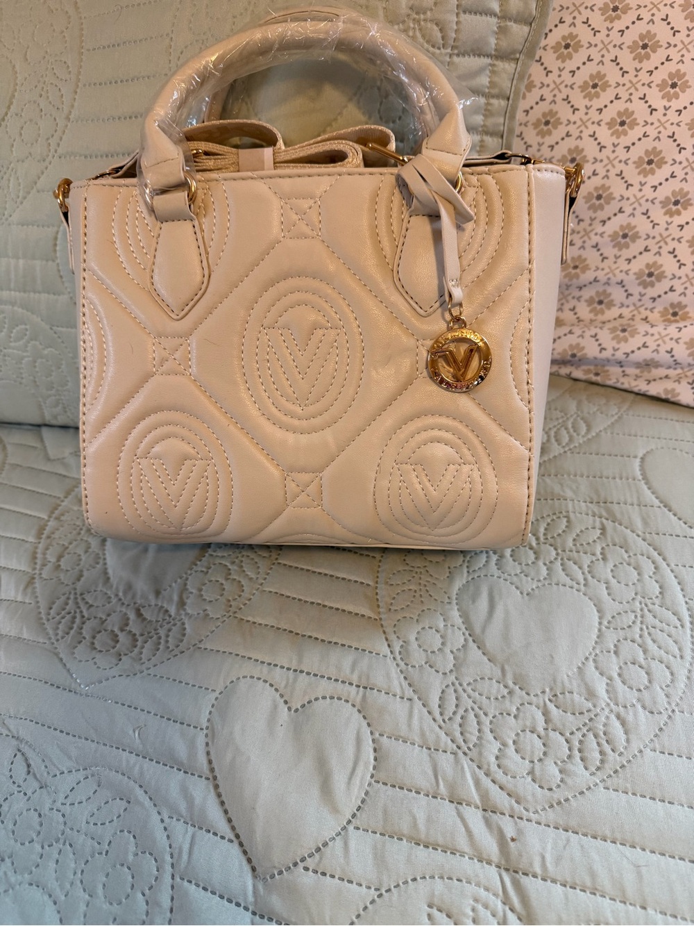 Valentino Orlandi Cream Quilted Satchel with Gold Charm
